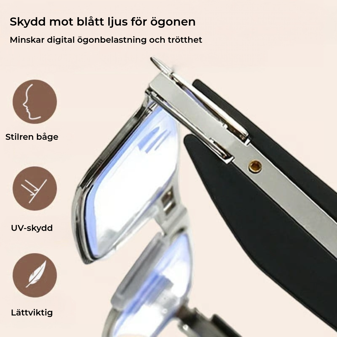 Hopfällbara läsglasögon med blåljusfilter och fodral