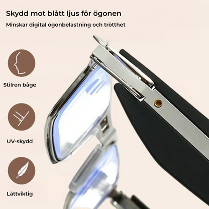 Hopfällbara läsglasögon med blåljusfilter och fodral