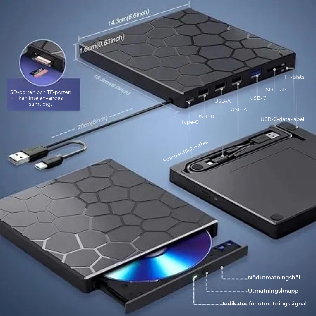 8-i-1 Extern CD/DVD-spelare – spela upp, bränn och lagra filmer, musik och foton